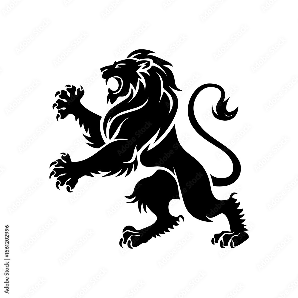 Fototapeta premium Royal heraldic lions. Black silhouette of rampant lion and griffins for logo or coat of arms. Premium wild animal crest symbols. 