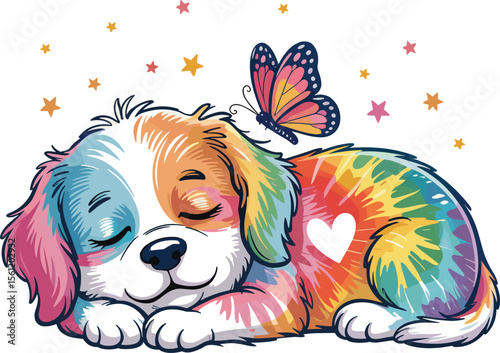 Cute sleepy puppy with butterfly and star rainbow color t-shirt vector illustration for baby and female clothing. Pet dog t-shirt design for children. Cute baby dog for canvas, wall art, posters.