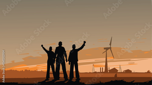 Silhouette of three people with raised fists against a sunset backdrop with a windmill in the distance