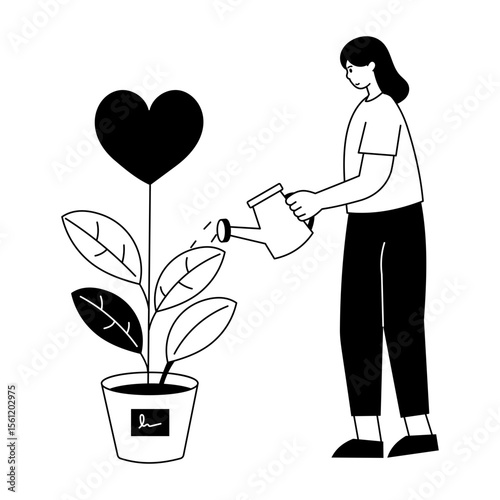 A glyph style illustration showing a person watering plant 
