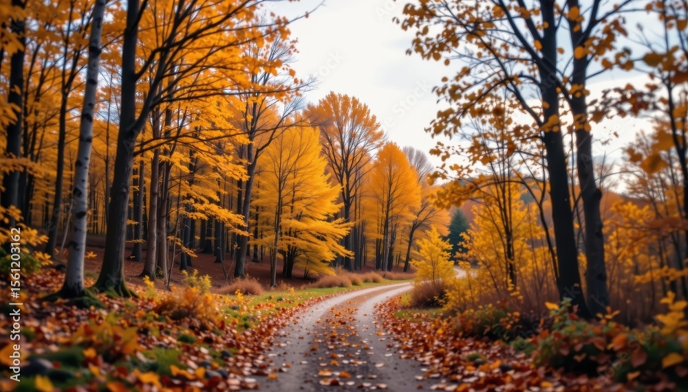 Fototapeta premium a beautiful autumn scene with a winding forest path covered in fallen leaves in shades of amber and rust, framed by golden foliage, beneath a pale autumn sky.