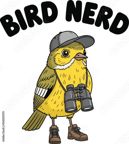Cute Cartoon Bird Nerd Character with Binoculars and Cap – Funny Vector Illustration on Transparent Background for Birdwatching, Ornithology, and Nature Lovers.