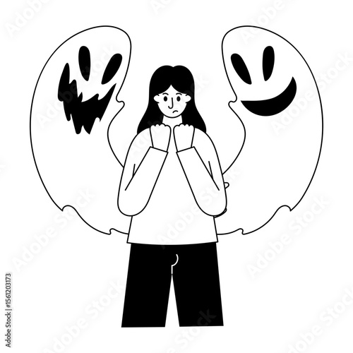 A solid style illustration showing a person having ghost fear 
