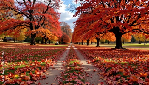 a beautiful autumn scene with a wide trail covered in leaves covered in fallen leaves in shades of scarlet and maple red, surrounded by ancient oaks, under a clear sky.