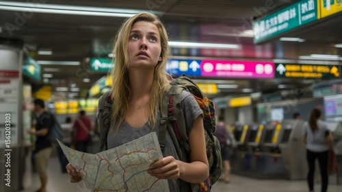 Backpacker stands in a crowded subway station, looking bewildered while holding a map. Surrounding commuters rush past as she attempts to locate her destination in the city