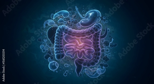 A medical illustration of the human digestive system showing the intestines, stomach, and gut microbiome. This scientific concept depicts gut health and anatomy.