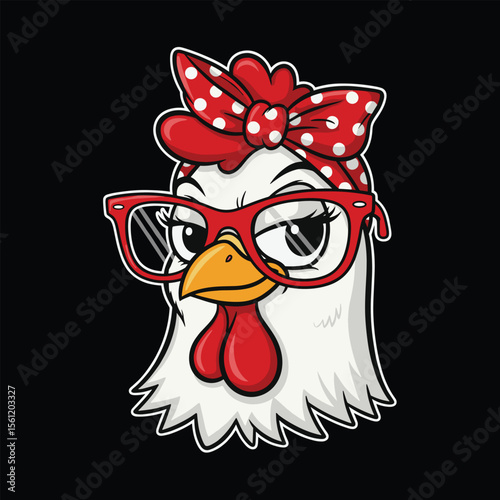 Cute chicken head with red glasses and a bandana headband for females and children t-shirt design vector illustration. Crazy chicken lady in funny farm. Cute hen face wearing sunglasses