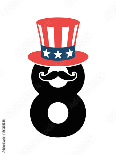 Patriotic Number Eight with Mustache and Uncle Sam Hat, Number eight illustration featuring a curled mustache and a classic Uncle Sam hat, representing American pride and festive celebration.

