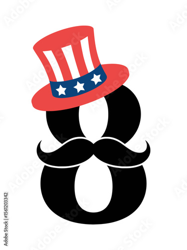 Patriotic Number Eight with Mustache and Uncle Sam Hat, Number eight illustration featuring a curled mustache and a classic Uncle Sam hat, representing American pride and festive celebration.

