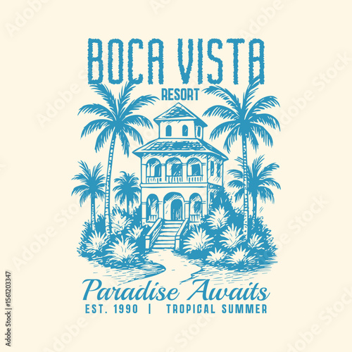 Boca Vista Resort hand drawing. Tropical beach hotel vintage resort graphics. summer t-shirt design in vector. aloha inland for relax unwind. Hawaii vibes artwork ...