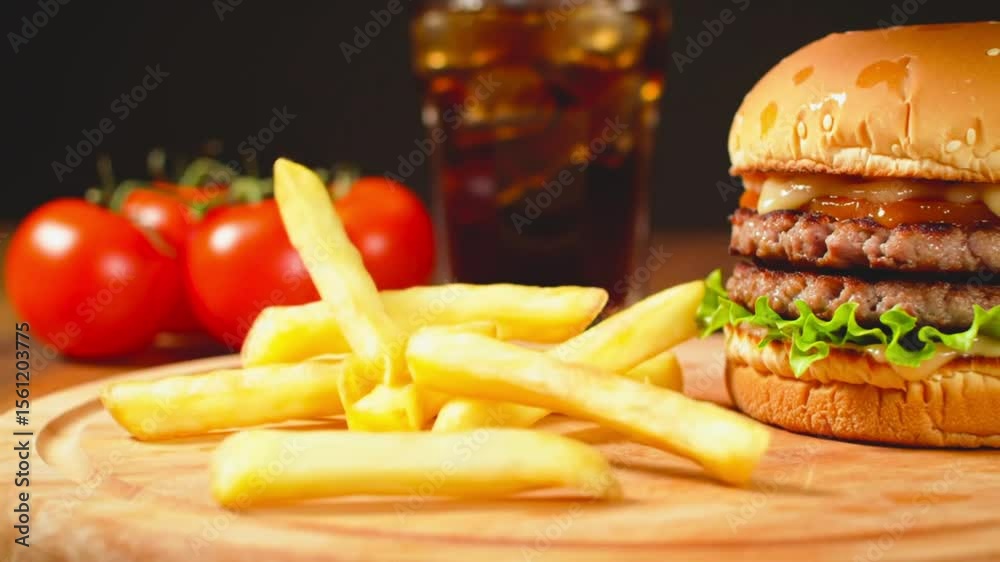 Fast food concept in super slow motion. French fries fall onto a wooden cutting board next to a fresh, whole hamburger with all the toppings in it at 1000 frames per second. Behind the hamburgers are 