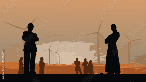 Silhouetted figures stand before wind turbines at sunset creating a renewable energy landscape view
