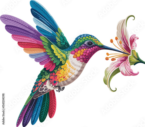 Realistic hummingbird vector with flower,  Colorful humming flying and tropical flower vector illustration on white background, suitable for printing, baby books, t-shirts and other graphics resources
