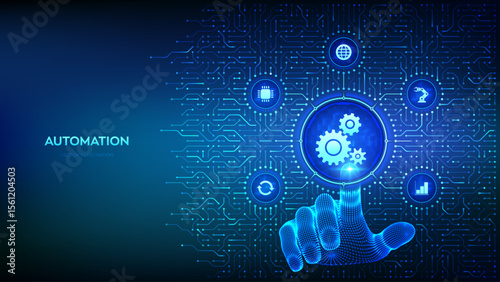 Robotic Process Automation software. RPA. IOT and Automation technology concept. Smart industry. Background with circuit board connections and tech icons. Hand pressing button. Vector Illustration.