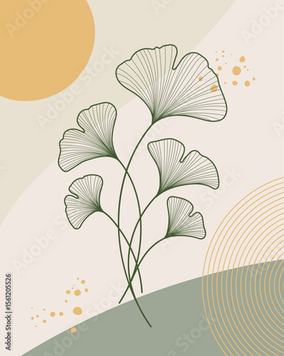 Minimalist ginkgo leaves illustration in pastel tones with abstract geometric accents. Perfect for wall art, packaging, or nature-themed designs