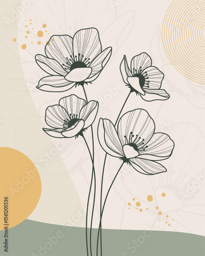 Elegant poppy flower line art in soft green and orange hues. Ideal for modern botanical decor, posters, or product packaging