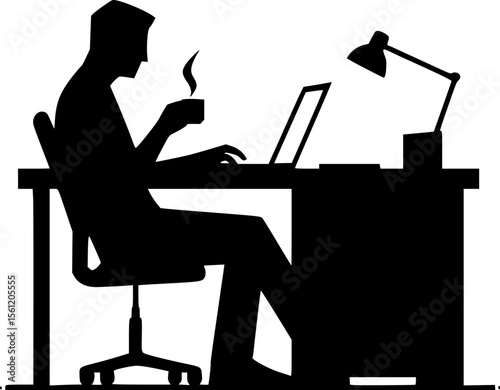 Silhouette of someone working late at desk with coffee cup