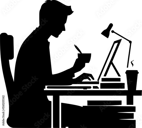 Silhouette of someone working late at desk with coffee cup