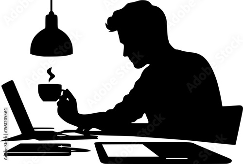 Silhouette of someone working late at desk with coffee cup