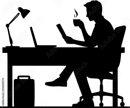 Silhouette of someone working late at desk with coffee cup