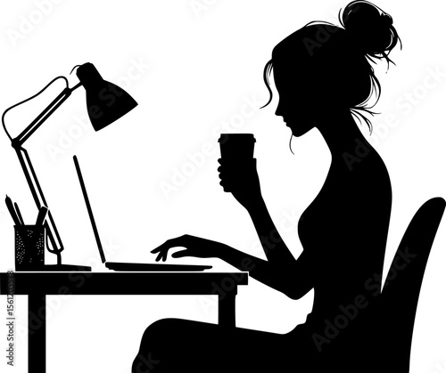 Silhouette of someone working late at desk with coffee cup