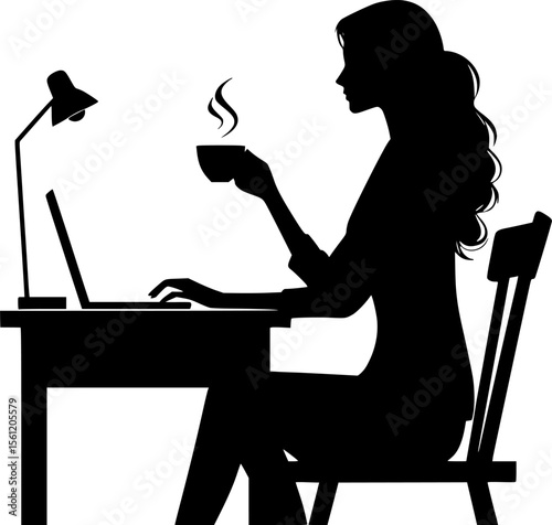 Silhouette of someone working late at desk with coffee cup