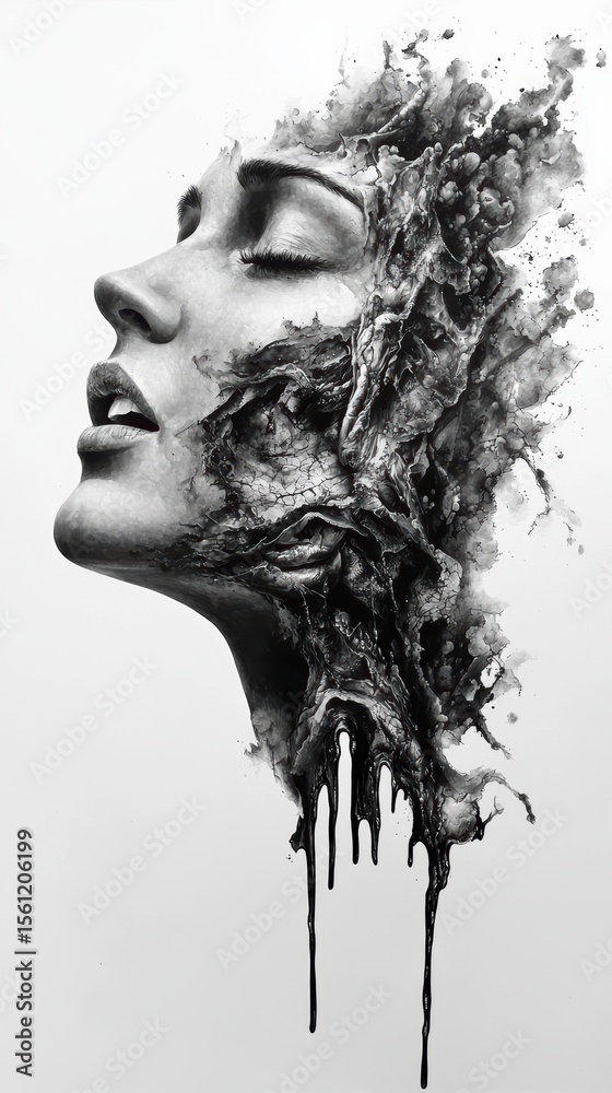 Fototapeta premium Abstract Monochrome Portrait Woman's Face Emerging from Organic Forms