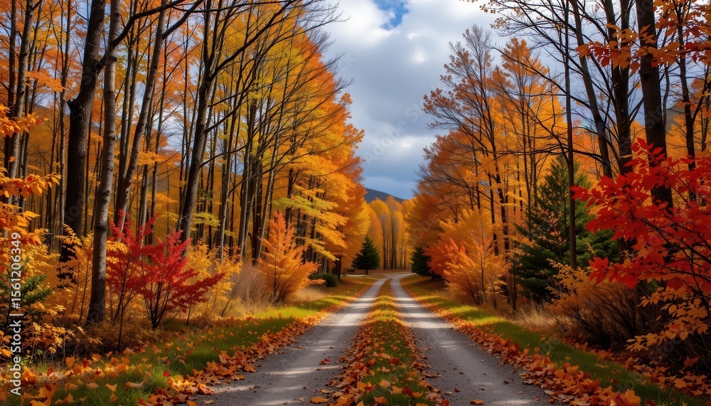 Obraz premium a beautiful autumn scene with a serene lane through the woods covered in fallen leaves in shades of fiery red and golden yellow, lined with tall maples, with dramatic clouds above.