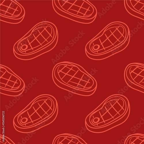 A vibrant red background featuring a repeating pattern of stylized, grilled steak illustrations. Vector Patterns