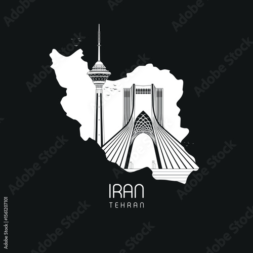 Tehran iran. illustration art work.  iconic landmark in Tehran, the capital of Iran. iran map