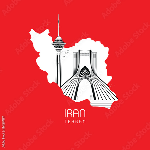 Tehran iran. illustration art work.  iconic landmark in Tehran, the capital of Iran. iran map