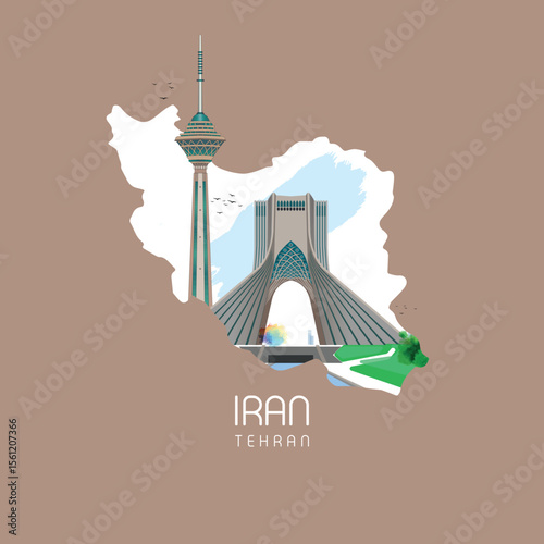 Tehran iran. illustration art work.  iconic landmark in Tehran, the capital of Iran. iran map