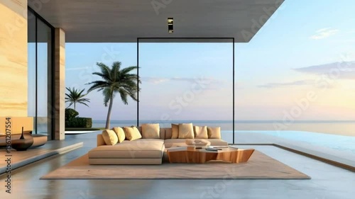 Luxury Oceanfront Lounge at Sunset – Modern Outdoor Living with Tropical Ambience