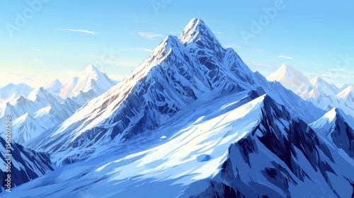 Magnificent snow-covered mountain peaks landscape illustration beneath clear sky