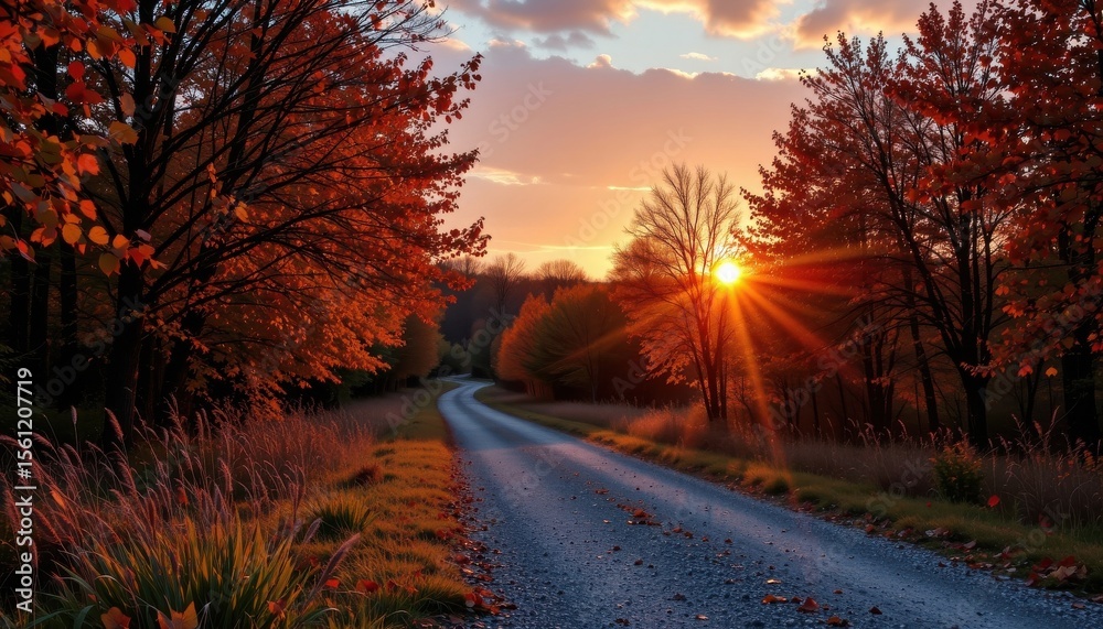 Fototapeta premium a beautiful autumn scene with a gravel road surrounded by trees covered in fallen leaves in shades of bronze and burgundy, bordered by wild grasses and fallen twigs, beneath a sunset sky.