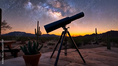 A serene twilight scene features a telescope on a patio beneath a starlit sky with a vibrant Milky Way. Cacti and desert landscape complete the picturesque view. Sunset colors of orange and purple