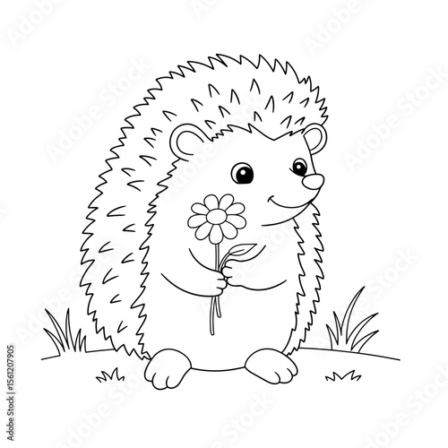 A cheerful hedgehog stands on grass, smiling while holding a flower in a cute black-and-white line art style.