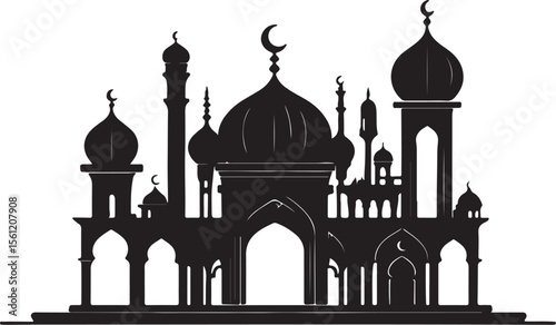 Silhouette of an islamic mosque architectural design with arches domes and crescent moon symbols