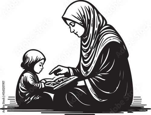 Muslim mother teaching her daughter reading from the quran black and white illustration