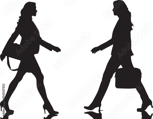 Silhouette of two businesswomen walking in opposite directions with briefcases and bags representing professionalism and ambition