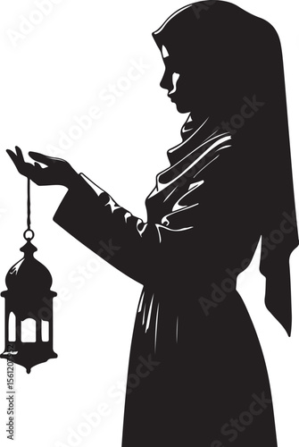 Silhouette of a woman in traditional islamic dress holding a lantern during ramadan celebration