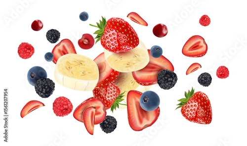 Berries smoothies fruit splashing of Tropical fruits isolated on white background. Vector in 3D illustrations.