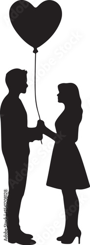 Romantic couple holding a heart shaped balloon silhouette for love and valentines day