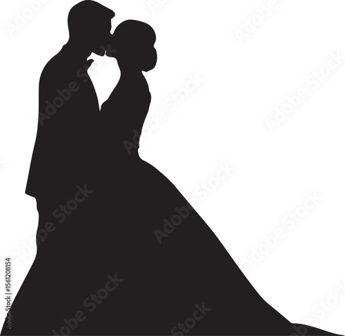 Silhouette of a wedding couple embracing and kissing on their special day celebrating love