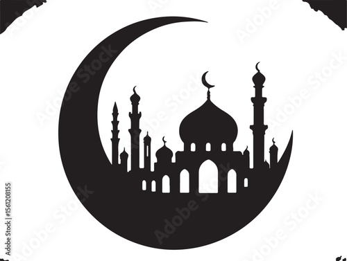 Silhouette of mosque with crescent moon symbolizing islamic culture and holy month