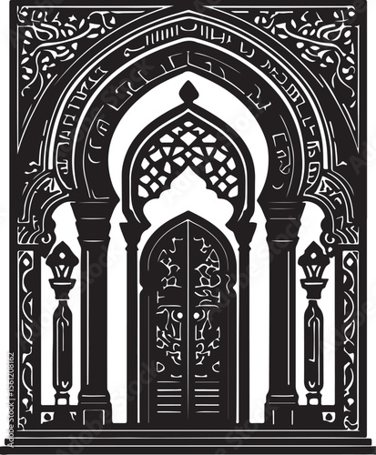 Ornate black and white islamic archway and doorway vector illustration