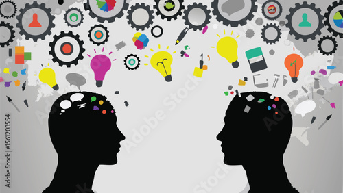 Wallpaper Mural Two head silhouettes facing each other with gears, lightbulbs, and icons above their heads concept art Torontodigital.ca