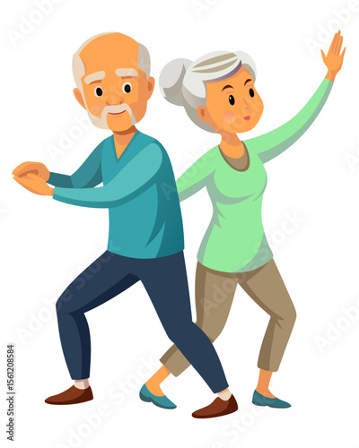 Senior couple practicing tai chi together in sync, displaying calm expressions, with a clean background and harmonious movements, promoting wellness and tranquility