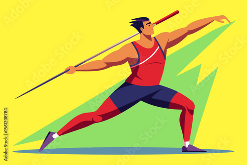 Male athlete in red sportswear is poised to throw a javelin, showcasing strength and focus against a vibrant yellow background with dynamic shapes