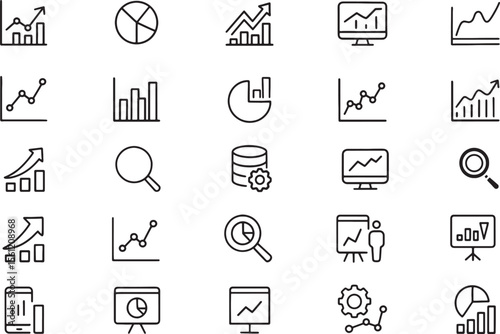 Collection of business and finance related icons in a minimalist outlined style